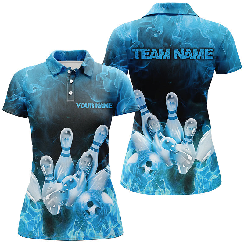 Custom Fire Strike Bowling Shirts For Women, Blue Flame Bowling League Shirts Bowling Team IPHW7119
