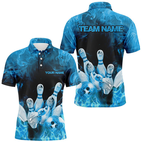 Custom Fire Strike Bowling Shirts For Men, Blue Flame Bowling League Shirts Bowling Team IPHW7119