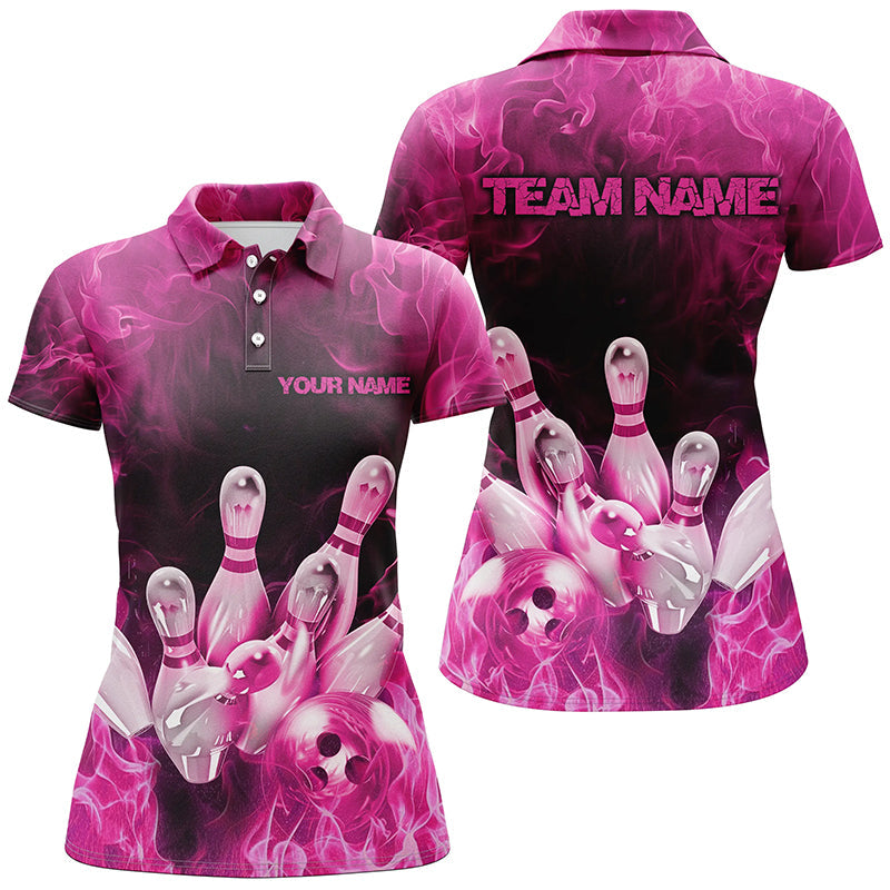 Custom Fire Strike Bowling Shirts For Women, Pink Flame Bowling League Shirts Bowling Team IPHW7120