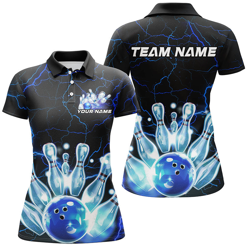 Black And Blue Thunder Lightning Custom Ladies Bowling Polo Shirts, Bowling League Shirts IPHW7121