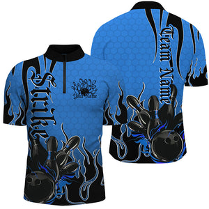 Black And Blue Custom Tribal Flame Bowling Shirts For Men, Bowling Team Shirt Bowler Jersey IPHW7942