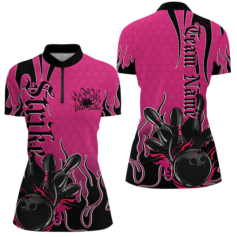 Black And Pink Custom Tribal Flame Bowling Shirts For Women, Bowling Team Shirt Bowler IPHW7943