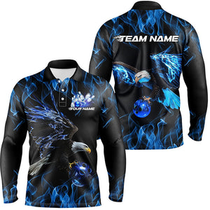 Blue Flame Eagle Custom Bowling Team Shirts For Men, Fire Bowling League Shirt Bowler Outfit IPHW7948