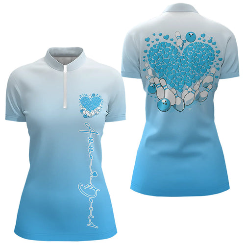 Custom Blue Bowling Heart Quarter-Zip Shirts For Women, Valentine Bowling Couple Outfits IPHW8362