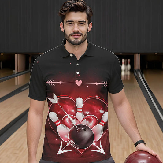 Custom Valentine Bowling Heart Polo Shirts For Men, Couple Bowling Outfits IPHW8367