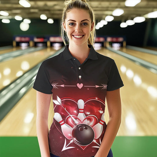 Custom Valentine Bowling Heart Polo Shirts For Women, Couple Bowling Outfits IPHW8367