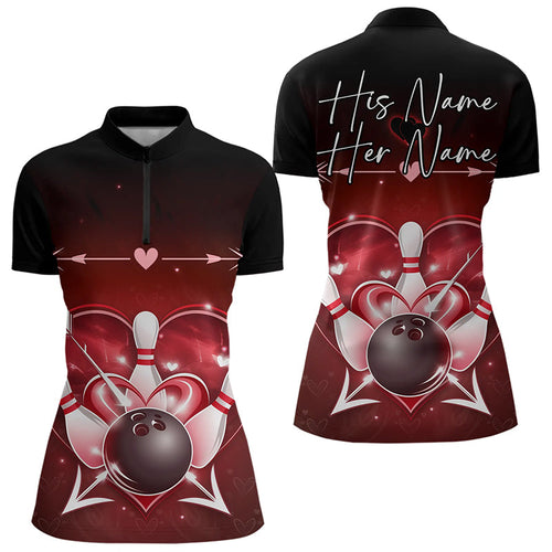 Custom Valentine Bowling Heart Quarter-Zip Shirts For Women, Couple Bowling Outfits IPHW8367