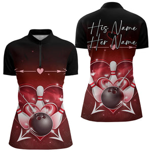 Custom Valentine Bowling Heart Quarter-Zip Shirts For Women, Couple Bowling Outfits IPHW8367