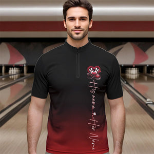 Black And Red Custom Valentines Bowling Quarter-Zip Shirts For Men, Infinity Love Couple Shirt IPHW8370