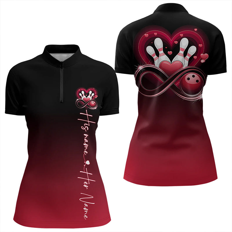 Black And Red Custom Valentines Bowling Womens Quarter-Zip Shirts, Love Couple Shirt IPHW8370