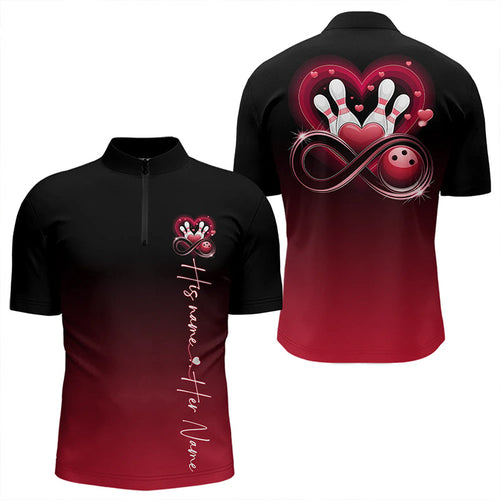 Black And Red Custom Valentines Bowling Quarter-Zip Shirts For Men, Infinity Love Couple Shirt IPHW8370