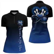 Load image into Gallery viewer, Black And Blue Custom Valentines Bowling Quarter-Zip Shirts For Women, Bowling Couple Shirt IPHW8371