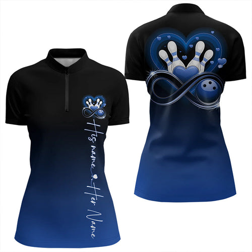 Black And Blue Custom Valentines Bowling Quarter-Zip Shirts For Women, Bowling Couple Shirt IPHW8371