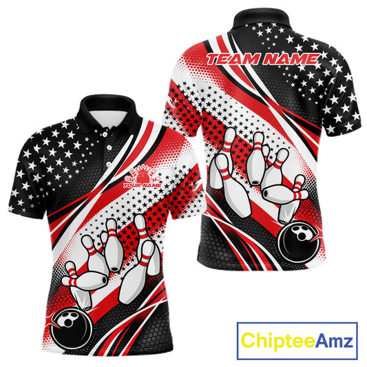 Custom Black And Red American Flag Patriotic Bowling Shirts, US Flag Bowling League Shirt Bowlers Outfit IPHW10448