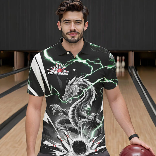 Custom Black And Green Thunder Lightning Dragon Bowling Team Polo Shirts For Men IPHW8555