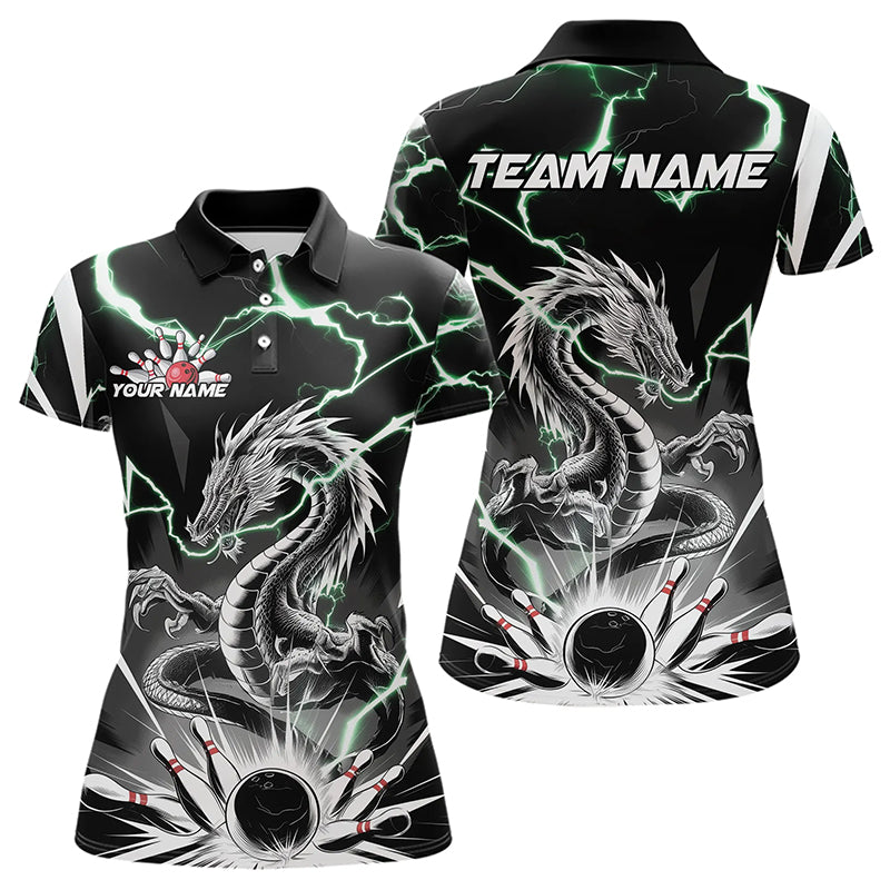 Custom Black And Green Thunder Lightning Dragon Bowling Team Polo Shirts For Women IPHW8555