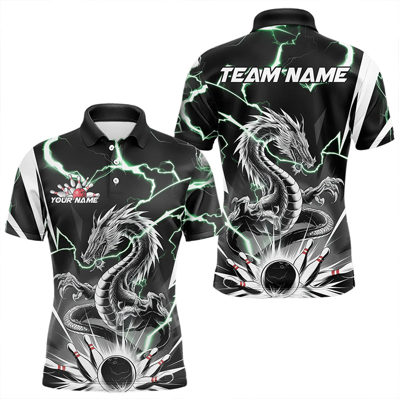 Custom Black And Green Thunder Lightning Dragon Bowling Team Polo Shirts For Men IPHW8555