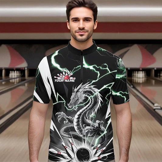 Custom Black And Green Thunder Lightning Dragon Bowling Team Quarter-Zip Shirts For Men IPHW8555