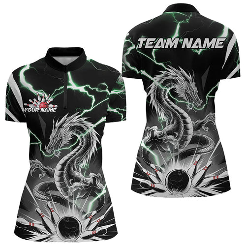 Custom Black And Green Thunder Lightning Dragon Bowling Team Quarter-Zip Shirts For Women IPHW8555