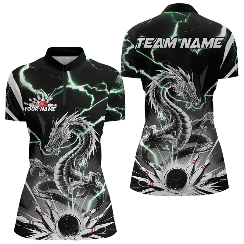 Custom Black And Green Thunder Lightning Dragon Bowling Team Quarter-Zip Shirts For Women IPHW8555