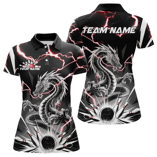 Custom Black And Red Thunder Lightning Dragon Bowling Team Polo Shirts For Women IPHW8556