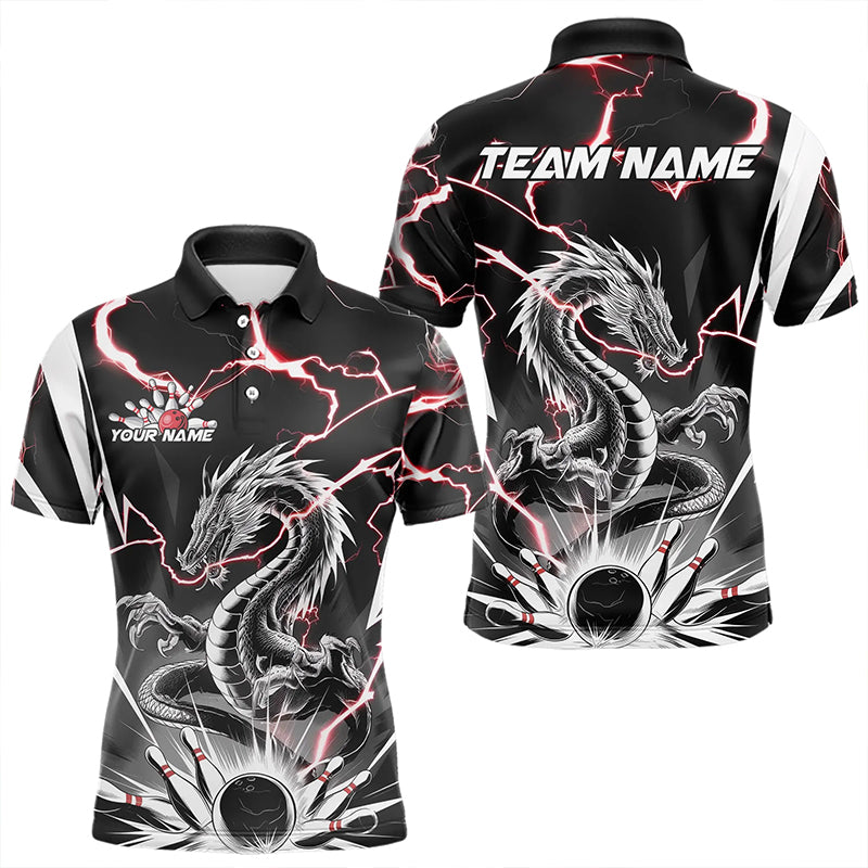 Custom Black And Red Thunder Lightning Dragon Bowling Team Polo Shirts For Men IPHW8556