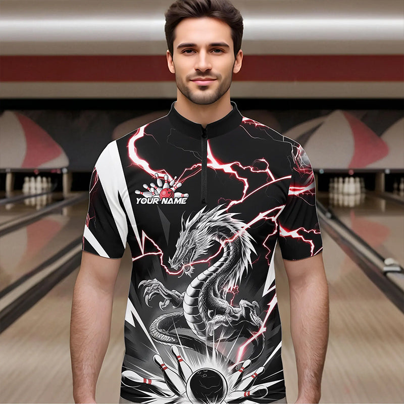 Custom Black And Red Thunder Lightning Dragon Bowling Team Quarter-Zip Shirts For Men IPHW8556