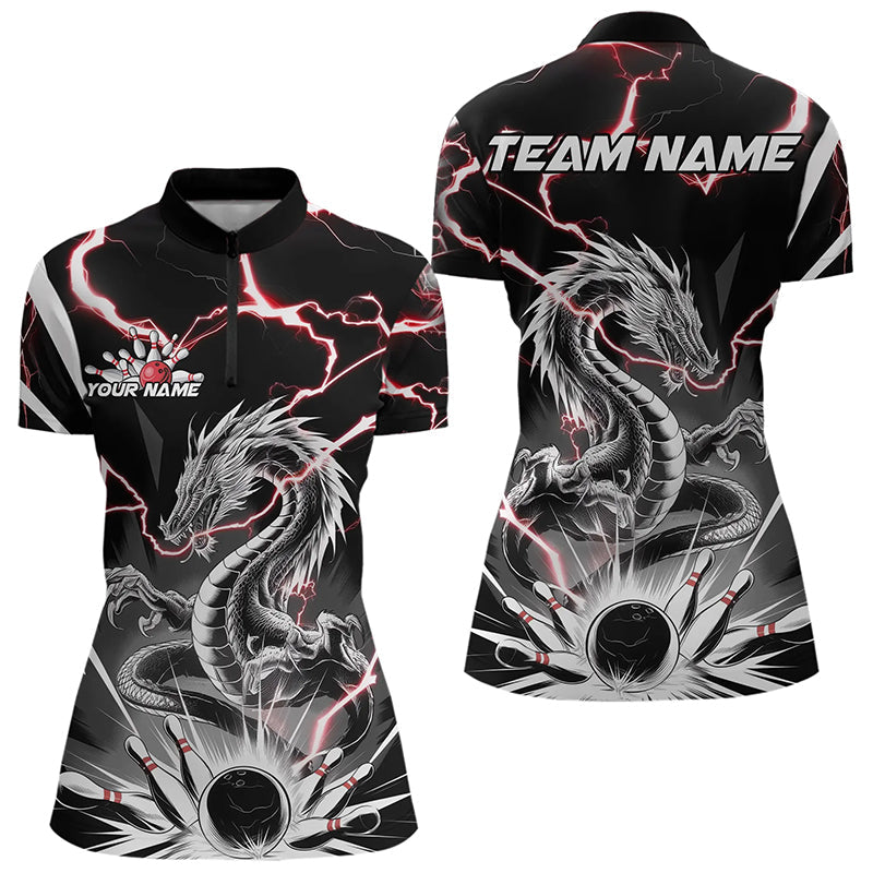 Custom Black And Red Thunder Lightning Dragon Bowling Team Quarter-Zip Shirts For Women IPHW8556