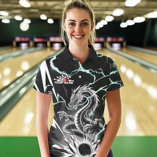 Custom Black And Blue Thunder Lightning Dragon Bowling Team Polo Shirts For Women IPHW8557