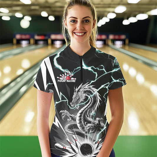 Custom Black And Blue Thunder Lightning Dragon Bowling Team Quarter-Zip Shirts For Women IPHW8557