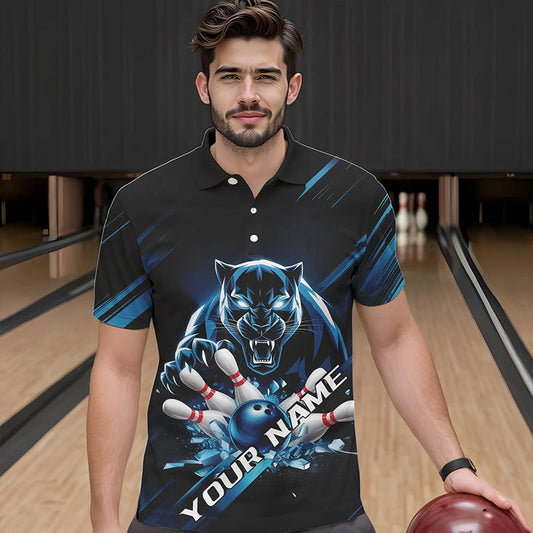 Custom Black And Blue Panther Bowling Polo Shirts For Men, Bowling Team Uniform IPHW8563