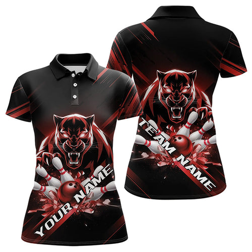 Custom Black And Red Panther Bowling Polo Shirts For Women, Bowling Team Uniform IPHW8564