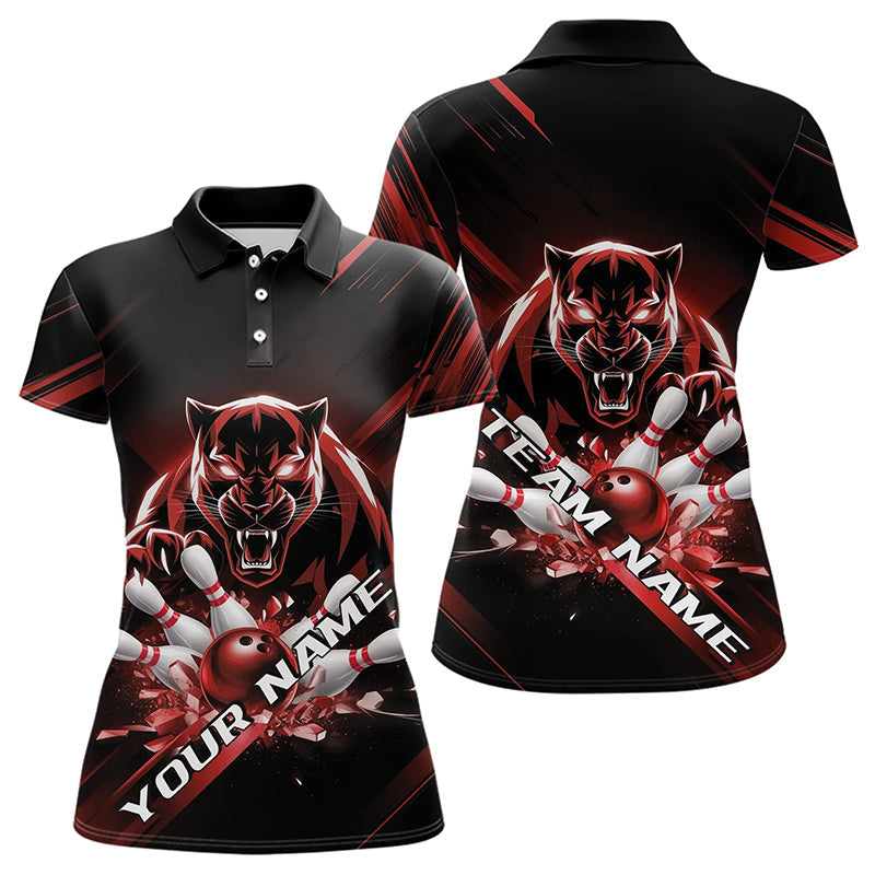 Custom Black And Red Panther Bowling Polo Shirts For Women, Bowling Team Uniform IPHW8564