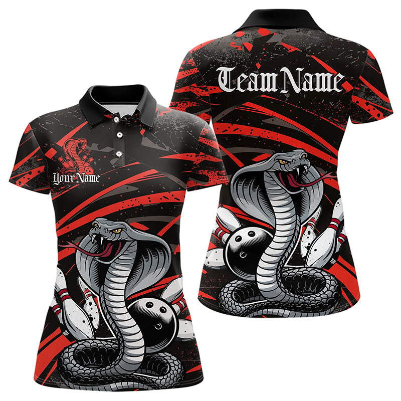 Custom Black And Red Cobra Snake Bowling Team Polo Shirts For Women, Bowling League Shirts IPHW8565