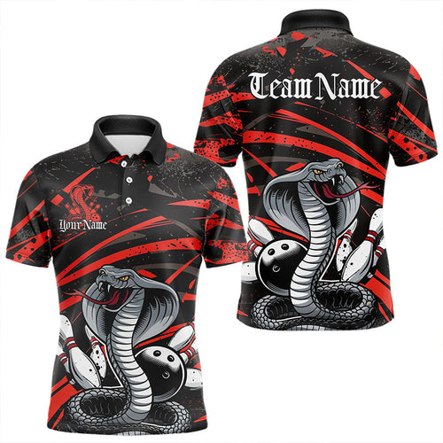 Custom Black And Red Cobra Snake Bowling Team Polo Shirts For Men, Bowling League Shirts IPHW8565