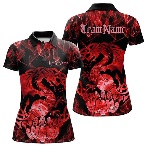 Custom Red Fire Flame Viking Dragon Bowling Women Polo Team Shirts, Celtic Bowling Shirts IPHW8873