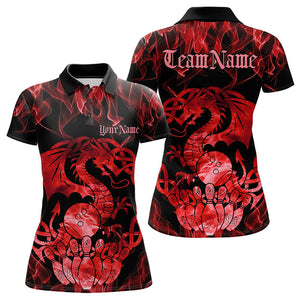 Custom Red Fire Flame Viking Dragon Bowling Women Polo Team Shirts, Celtic Bowling Shirts IPHW8873
