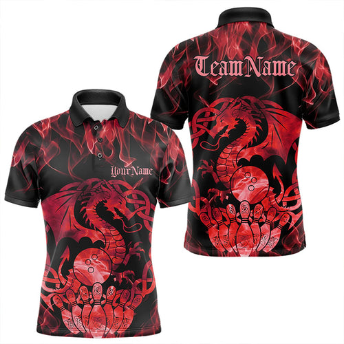 Custom Red Fire Flame Viking Dragon Bowling Polo Team Shirts For Men, Celtic Bowling Shirts IPHW8873