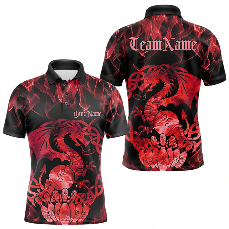 Custom Red Fire Flame Viking Dragon Bowling Polo Team Shirts For Men, Celtic Bowling Shirts IPHW8873