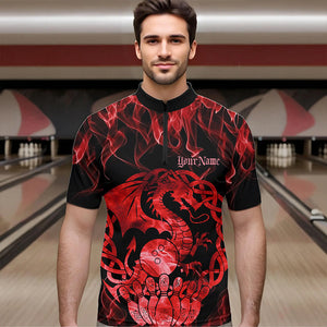 Custom Red Fire Flame Viking Dragon Bowling Quarter-Zip Team Shirts For Men, Celtic Bowling Shirts IPHW8873
