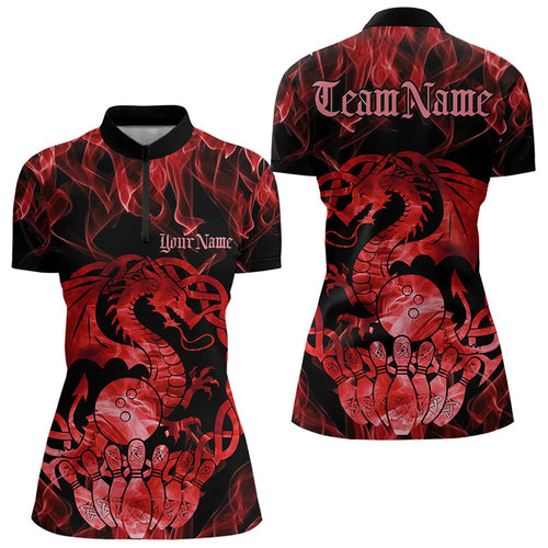Custom Red Fire Viking Dragon Bowling Women Quarter-Zip Team Shirts, Celtic Bowling Shirts IPHW8873