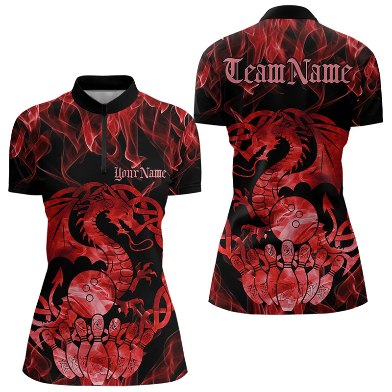Custom Red Fire Viking Dragon Bowling Women Quarter-Zip Team Shirts, Celtic Bowling Shirts IPHW8873