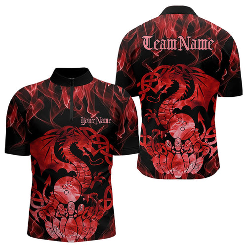 Custom Red Fire Flame Viking Dragon Bowling Quarter-Zip Team Shirts For Men, Celtic Bowling Shirts IPHW8873