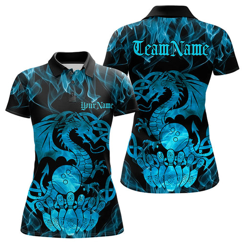 Custom Blue Fire Flame Viking Dragon Bowling Women Polo Team Shirts, Celtic Bowling Shirt IPHW8874