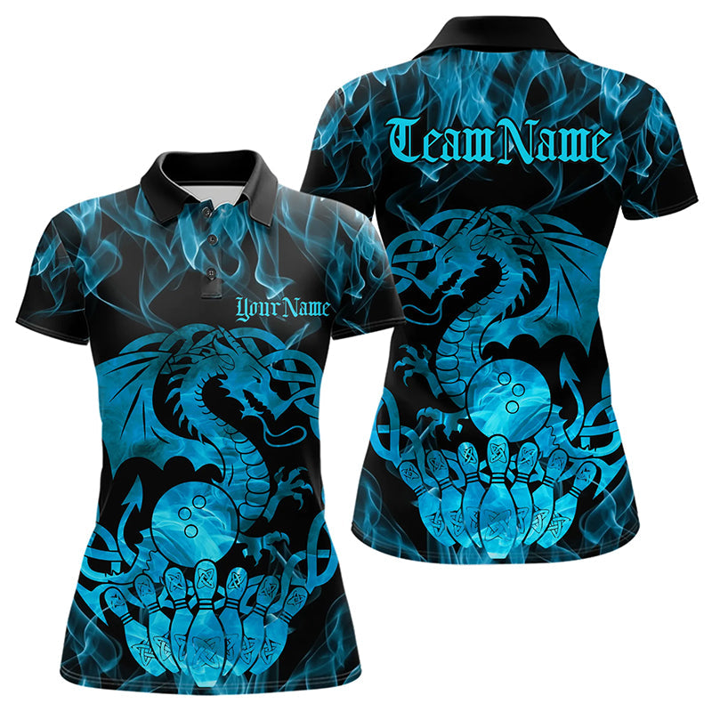 Custom Blue Fire Flame Viking Dragon Bowling Women Polo Team Shirts, Celtic Bowling Shirt IPHW8874