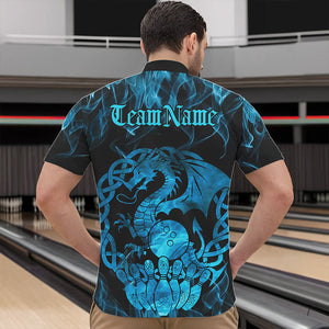 Custom Blue Fire Flame Viking Dragon Bowling Quarter-Zip Team Shirts For Men, Celtic Bowling Shirt IPHW8874