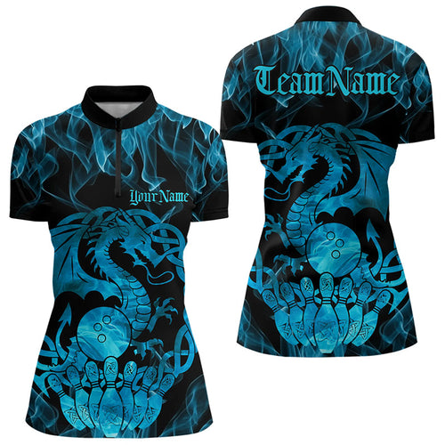 Custom Blue Fire Viking Dragon Bowling Women Quarter-Zip Team Shirts, Celtic Bowling Shirt IPHW8874