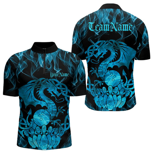 Custom Blue Fire Flame Viking Dragon Bowling Quarter-Zip Team Shirts For Men, Celtic Bowling Shirt IPHW8874