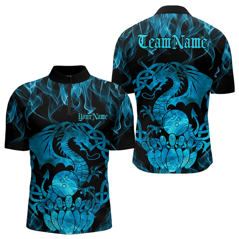 Custom Blue Fire Flame Viking Dragon Bowling Quarter-Zip Team Shirts For Men, Celtic Bowling Shirt IPHW8874