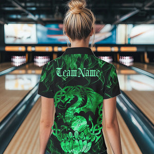 Custom Green Fire Flame Viking Dragon Bowling Women Polo Team Shirts, Celtic Bowling Shirts IPHW8875